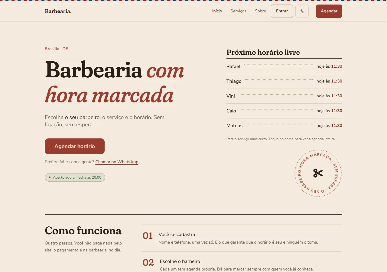 A página inicial, com o próximo horário livre de cada barbeiro.