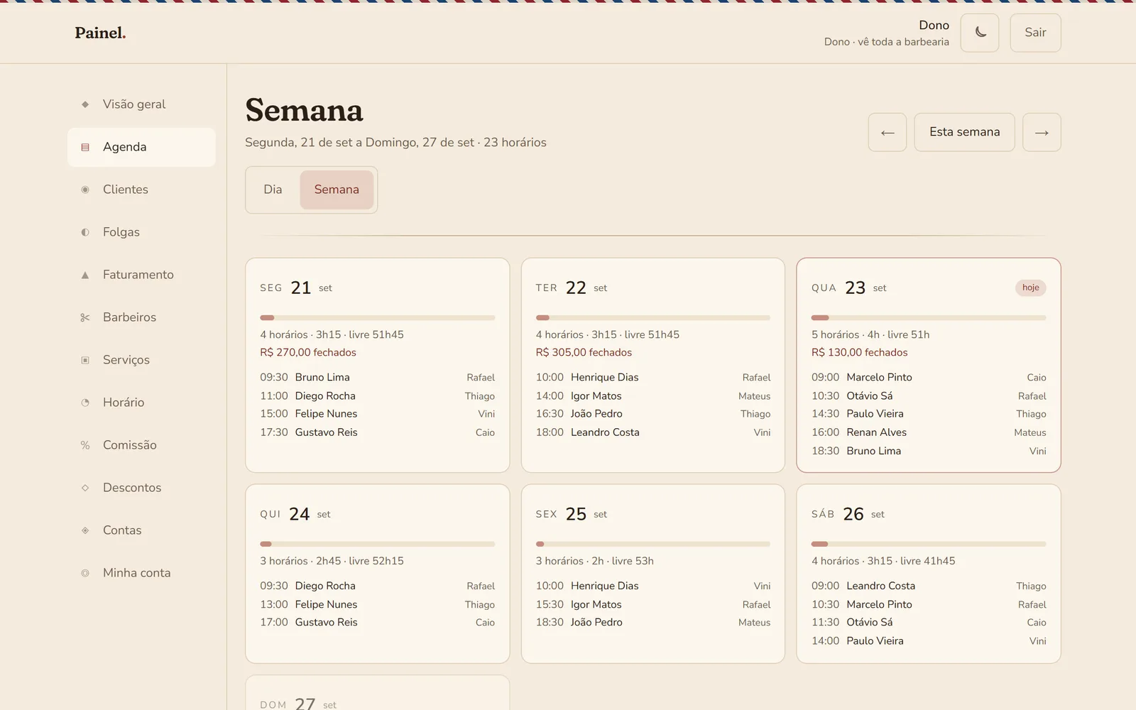 A agenda da semana inteira, com os horários de cada barbeiro.